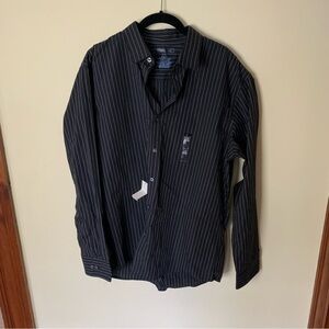 NWT Men's Van Heusen Black Dress Shirt With Blue and White Stripes Large